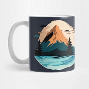 t-shirt design, painting of a mountain with trees and water, a detailed painting Mug